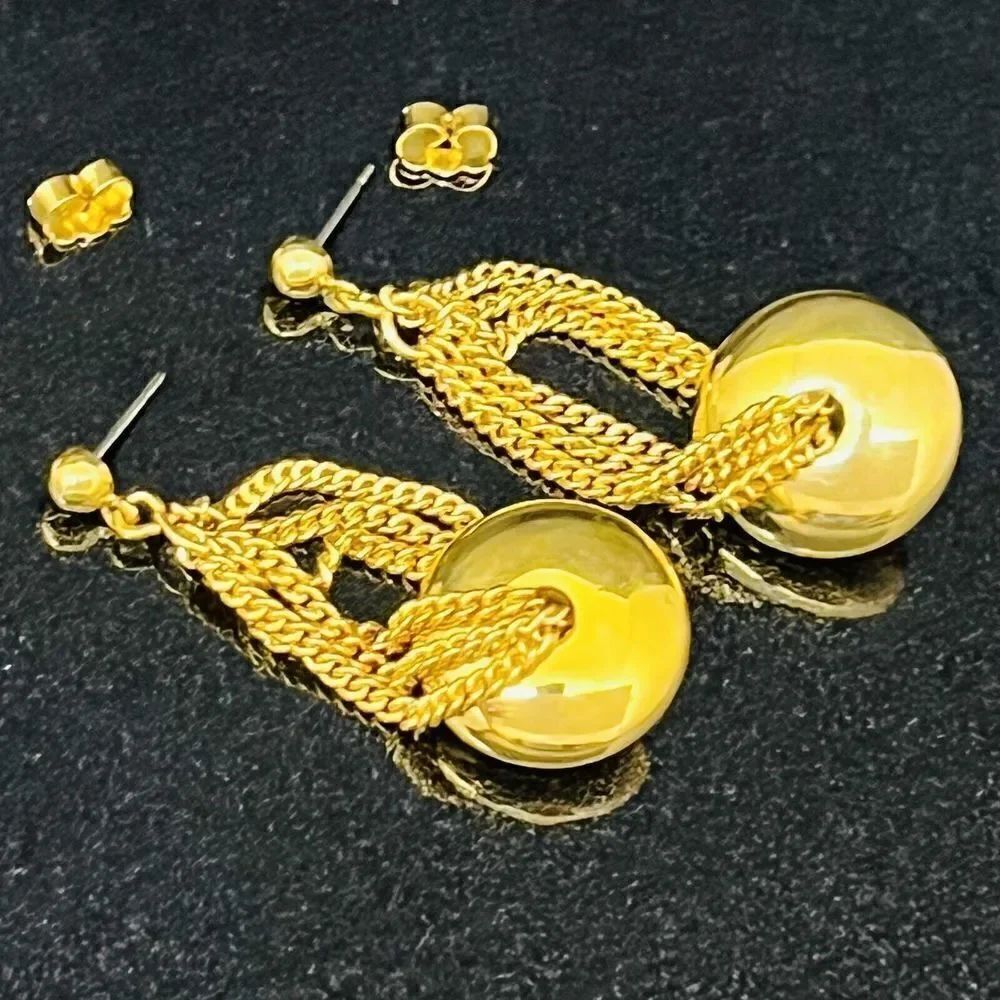 Vintage Earrings Gold Tone Chain Dangle Drop Puffy Donut Bead Pierced Y2K 1428